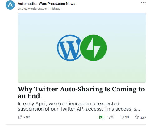 A screenshot of the Wordpress announcement, leaving Twitter, as it appears in the WP Reader